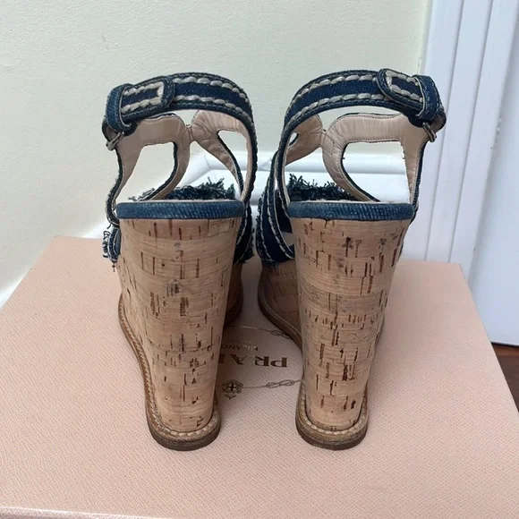 Prada | Denim Fringe Cork Wedges Size 37 Blue White Stitched - Picture 5 of 12